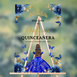 Royal Blue Gold Princess Quinceañera Welkom Acryl Bord