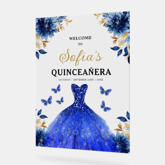 Royal Blue Gold Princess Quinceañera Welkom Acryl Bord (Hoek)