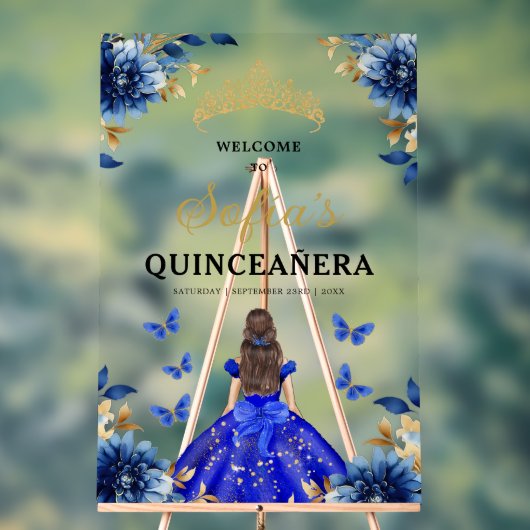 Royal Blue Gold Princess Quinceañera Welkom Acryl Bord (Neutraal)