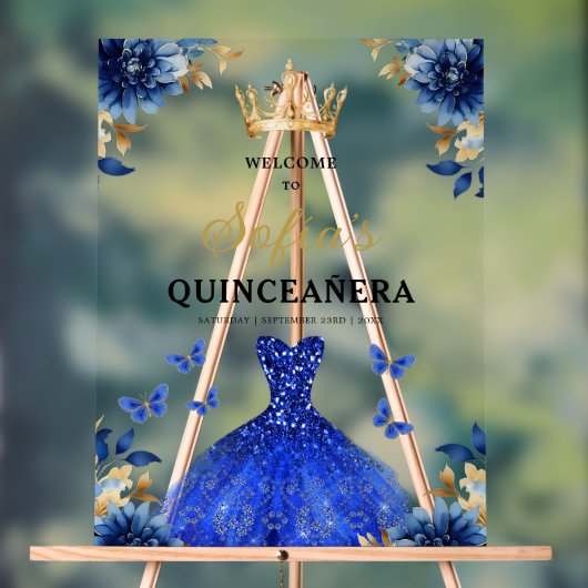 Royal Blue Gold Princess Quinceañera Welkom Acryl Bord (Neutraal)