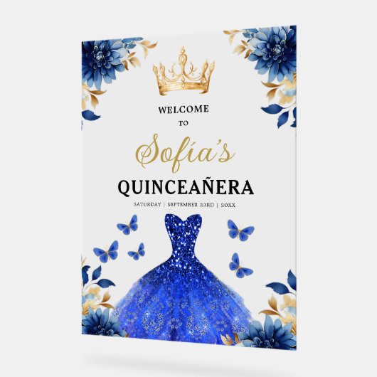 Royal Blue Gold Princess Quinceañera Welkom Acryl Bord (Hoek)