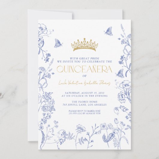 Royal Blue Gold QR Floral Butterfly Quinceañera Kaart (Voorkant)