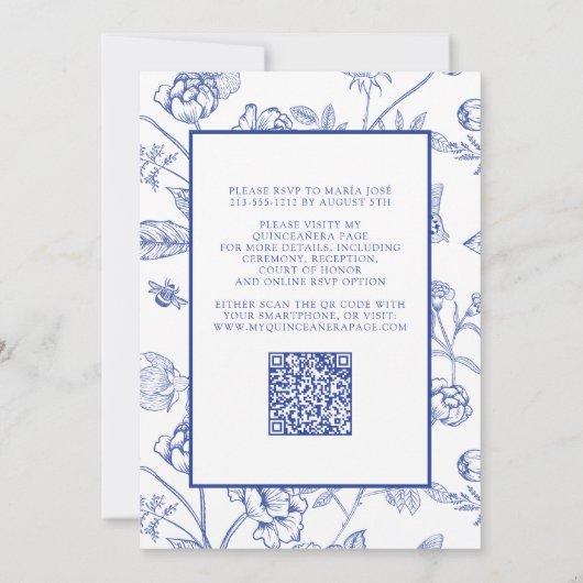Royal Blue Gold QR Floral Butterfly Quinceañera Kaart (Achterkant)