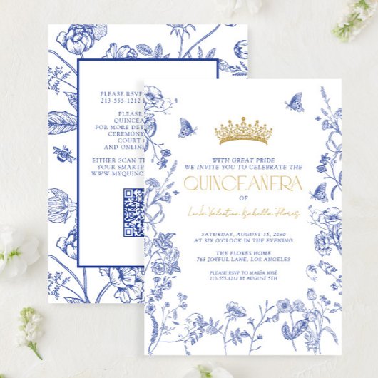 Royal Blue Gold QR Floral Butterfly Quinceañera Kaart