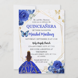 Royal Blue Gold Quinceanera Birthday Invitation Kaart
