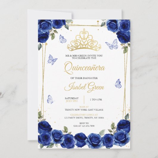 Royal Blue Gold Quinceañera Kaart (Voorkant)