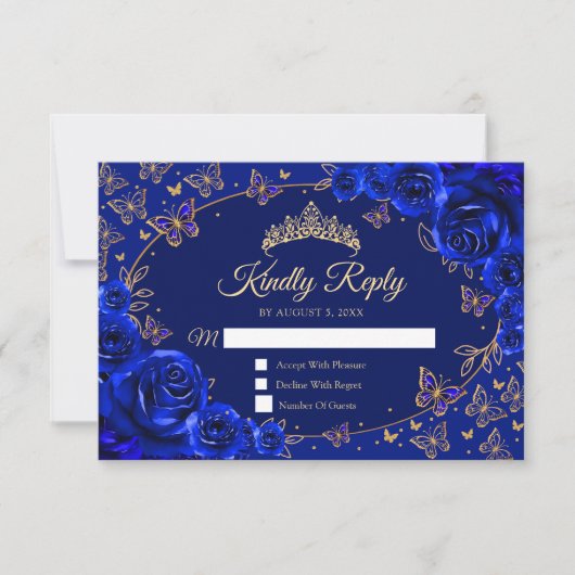 Royal Blue Gold Quinceanera Reply RSVP Kaartje (Voorkant)