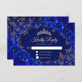 Royal Blue Gold Quinceanera Reply RSVP Kaartje (Voorkant / Achterkant)