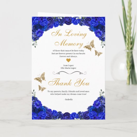 Royal Blue & Gold Quinceanera Tiara Butterflies Programma (Achterkant)