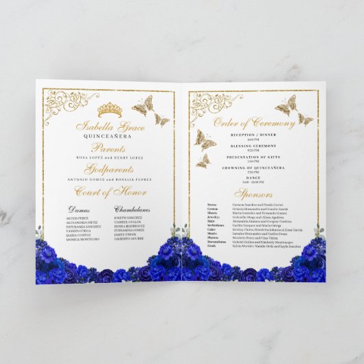 Royal Blue & Gold Quinceanera Tiara Butterflies Programma (Binnen)