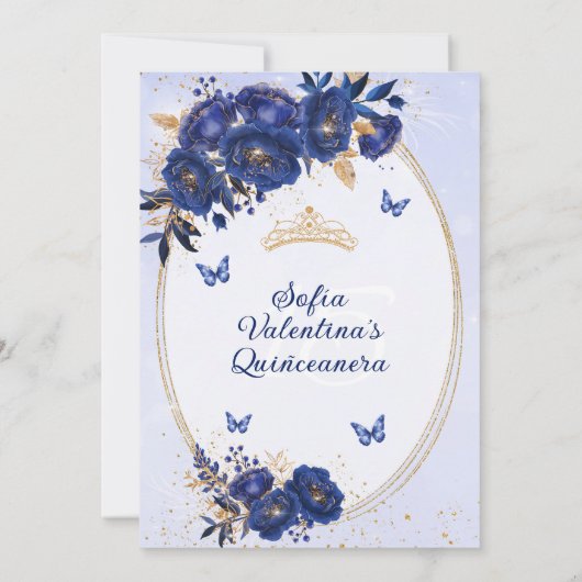 Royal Blue & Gold Quinceañera Uitnodiging (Achterkant)