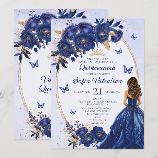 Royal Blue & Gold Quinceañera Uitnodiging (Voorkant / Achterkant)