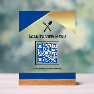 Royal Blue Gold Restaurant Digitaal QR Code Menu Acryl Bord