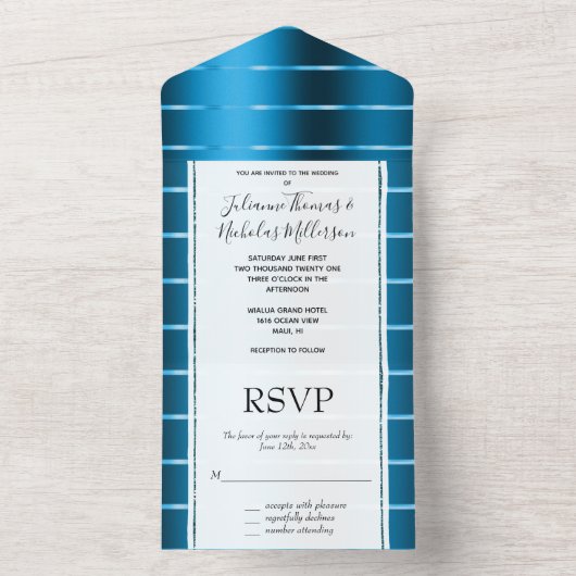 Royal Blue Gold Ribbon Wedding All In One Uitnodiging (Binnen)