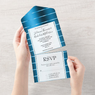 Royal Blue Gold Ribbon Wedding All In One Uitnodiging