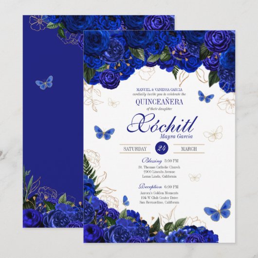 Royal Blue Gold Roos Butterfly Elegant Quinceanera Kaart (Voorkant / Achterkant)