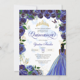 Royal Blue Gold Roos Elegant Butterfly Quinceanera Kaart