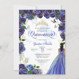 Royal Blue Gold Roos Elegant Butterfly Quinceanera Kaart