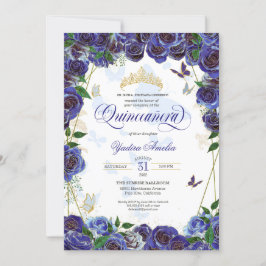 Royal Blue Gold Roos Elegant Butterfly Quinceanera Kaart