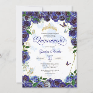 Royal Blue Gold Roos Elegant Butterfly Quinceanera Kaart
