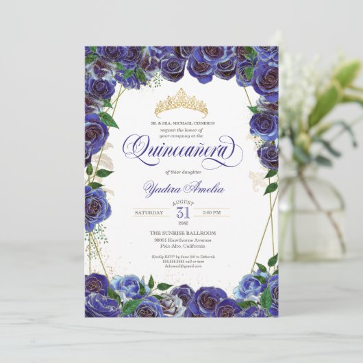 Royal Blue Gold Roos Elegant Quince Quinceanera Kaart (Staand voorkant)
