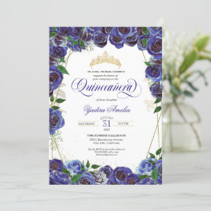 Royal Blue Gold Roos Elegant Quince Quinceanera Kaart