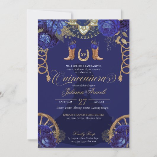 Royal Blue Gold Rozen Charro Western Quinceanera Kaart (Voorkant)