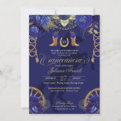 Royal Blue Gold Rozen Elegant Charro Quinceanera Kaart (Voorkant)