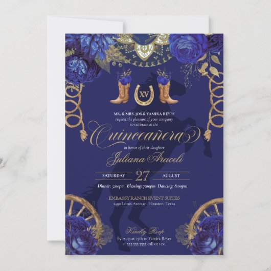 Royal Blue Gold Rozen Elegant Charro Quinceanera Kaart (Voorkant)