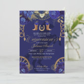 Royal Blue Gold Rozen Elegant Charro Quinceanera Kaart (Staand voorkant)