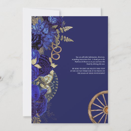 Royal Blue Gold Rozen Elegant Charro Quinceanera Kaart (Achterkant)