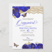 Royal Blue & Gold Rozen Lace Butterfly Quinceañera Kaart (Voorkant)