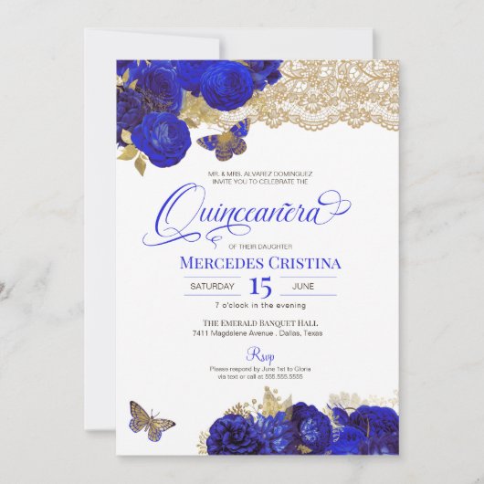 Royal Blue & Gold Rozen Lace Butterfly Quinceañera Kaart (Voorkant)