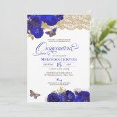 Royal Blue & Gold Rozen Lace Butterfly Quinceañera Kaart (Staand voorkant)