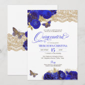 Royal Blue & Gold Rozen Lace Butterfly Quinceañera Kaart (Voorkant / Achterkant)