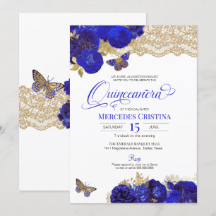 Royal Blue & Gold Rozen Lace Butterfly Quinceañera Kaart