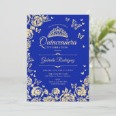 Royal Blue Gold Rozen Quinceanera Foto Kaart (Staand voorkant)