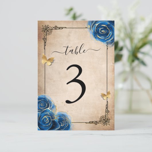 Royal Blue Gold Rozen Tafelnummer Kaarten (Staand voorkant)