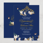 Royal Blue Gold Rozen Tiara Butterfly Quinceañera Kaart (Voorkant / Achterkant)