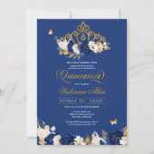 Royal Blue Gold Rozen Tiara Butterfly Quinceañera Kaart (Voorkant)