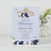 Royal Blue Gold Rozen Tiara Butterfly Quinceañera Kaart (Staand voorkant)
