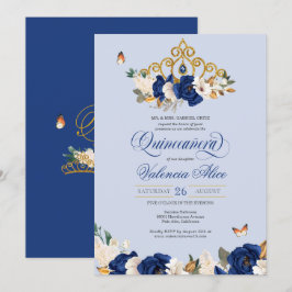 Royal Blue Gold Rozen Tiara Butterfly Quinceañera Kaart