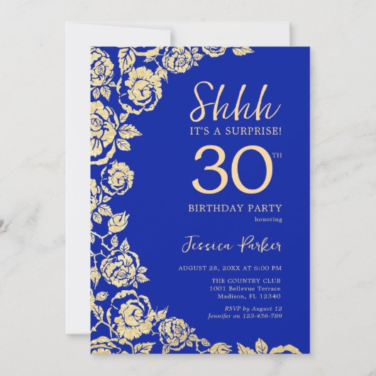 Royal Blue Gold Rozen verrassen 30ste verjaardag Kaart (Voorkant)