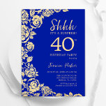 Royal Blue Gold Rozen Verrassing 40e verjaardag Kaart<br><div class="desc">Royal Blue Gold Floral Surprise 40th Birthday Party Invitation. Elegant ontwerp met rozen,  faux gouden folie en typografisch lettertype. Trendy uitnodigingskaart ideaal voor een stijlvol vrouw bday-feest. Kan worden aangepast aan elke leeftijd. Gedrukte Zazzle-uitnodigingen of direct downloadbare digitale afdrukbare sjabloon.</div>