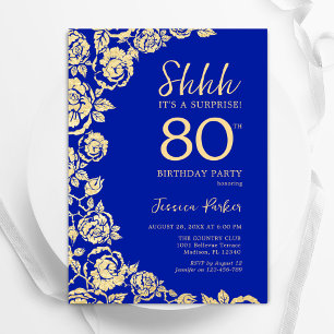 Royal Blue Gold Rozen Verrassing 80ste Verjaardag Kaart