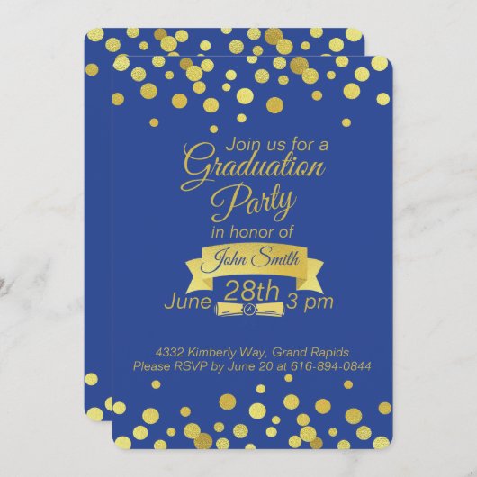 Royal Blue Gold script Afstuderen Invitation Card Kaart (Voorkant / Achterkant)