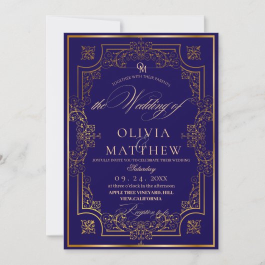 Royal Blue Gold Script Wedding Invitation Kaart (Voorkant)