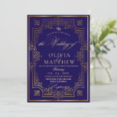 Royal Blue Gold Script Wedding Invitation Kaart (Staand voorkant)