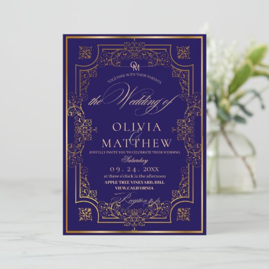 Royal Blue Gold Script Wedding Invitation Kaart (Staand voorkant)