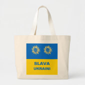 Royal Blue Gold "Slava Ukraini" Ukraine Support Grote Tote Bag (Voorkant)